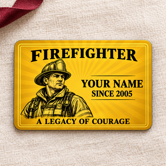 Firefighter heritage band aluminum wallet card front on gray concrete.