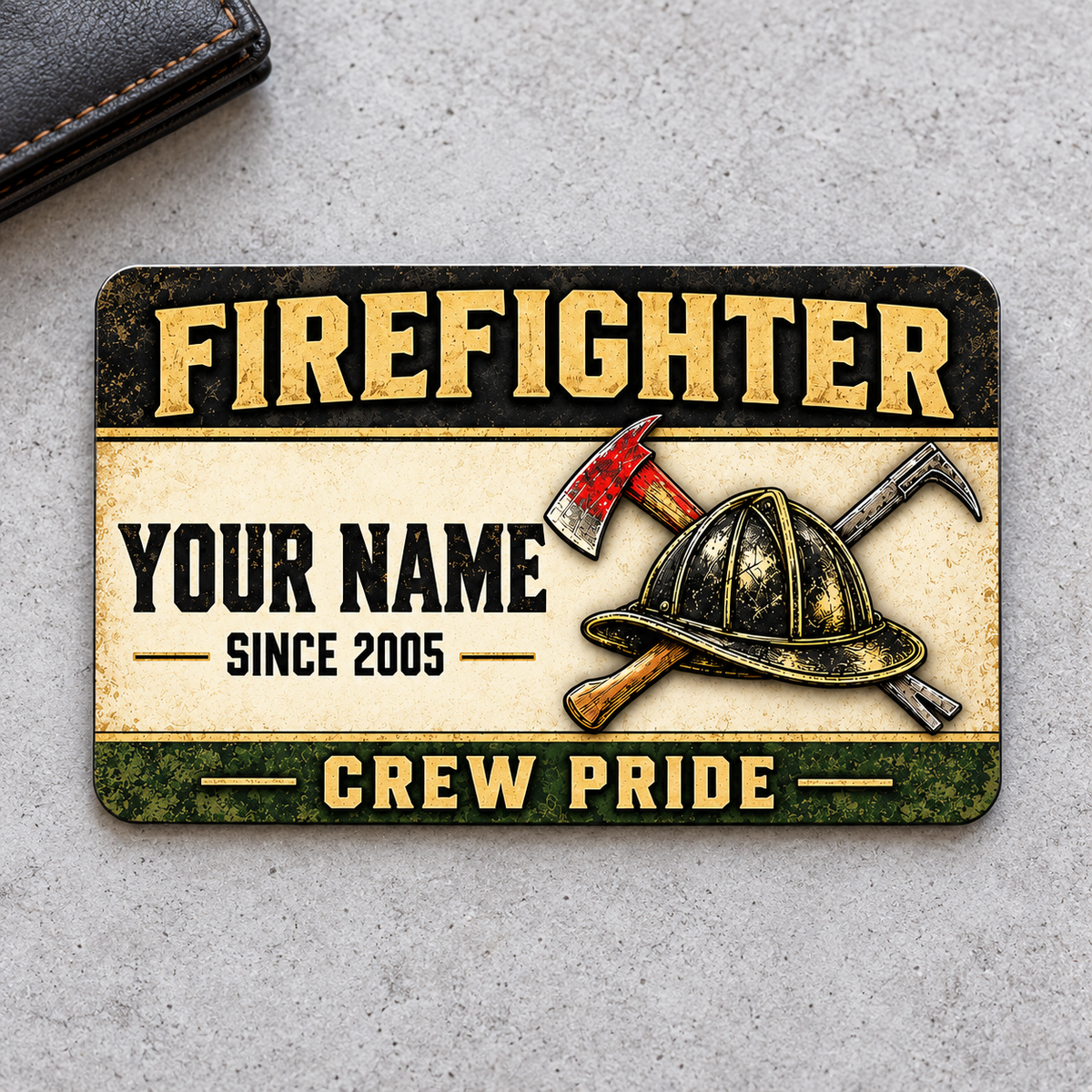 Firefighter heritage band aluminum wallet card front on gray concrete.