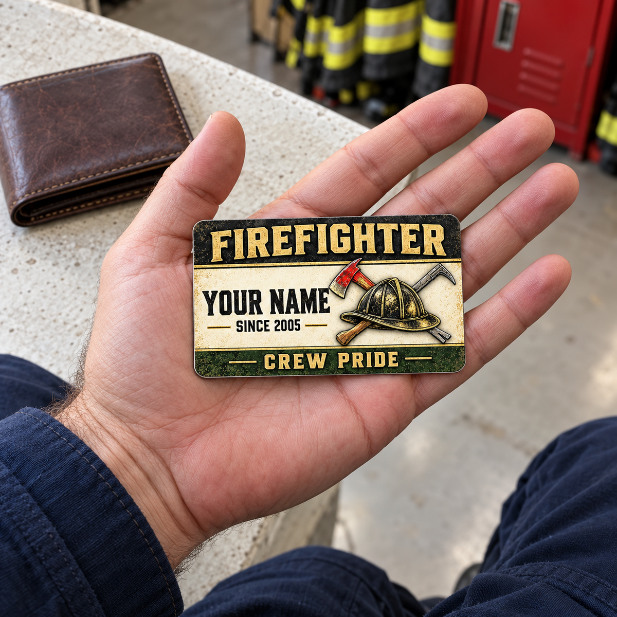 Firefighter heritage band wallet card resting on an adult man’s open palm at a fire station.