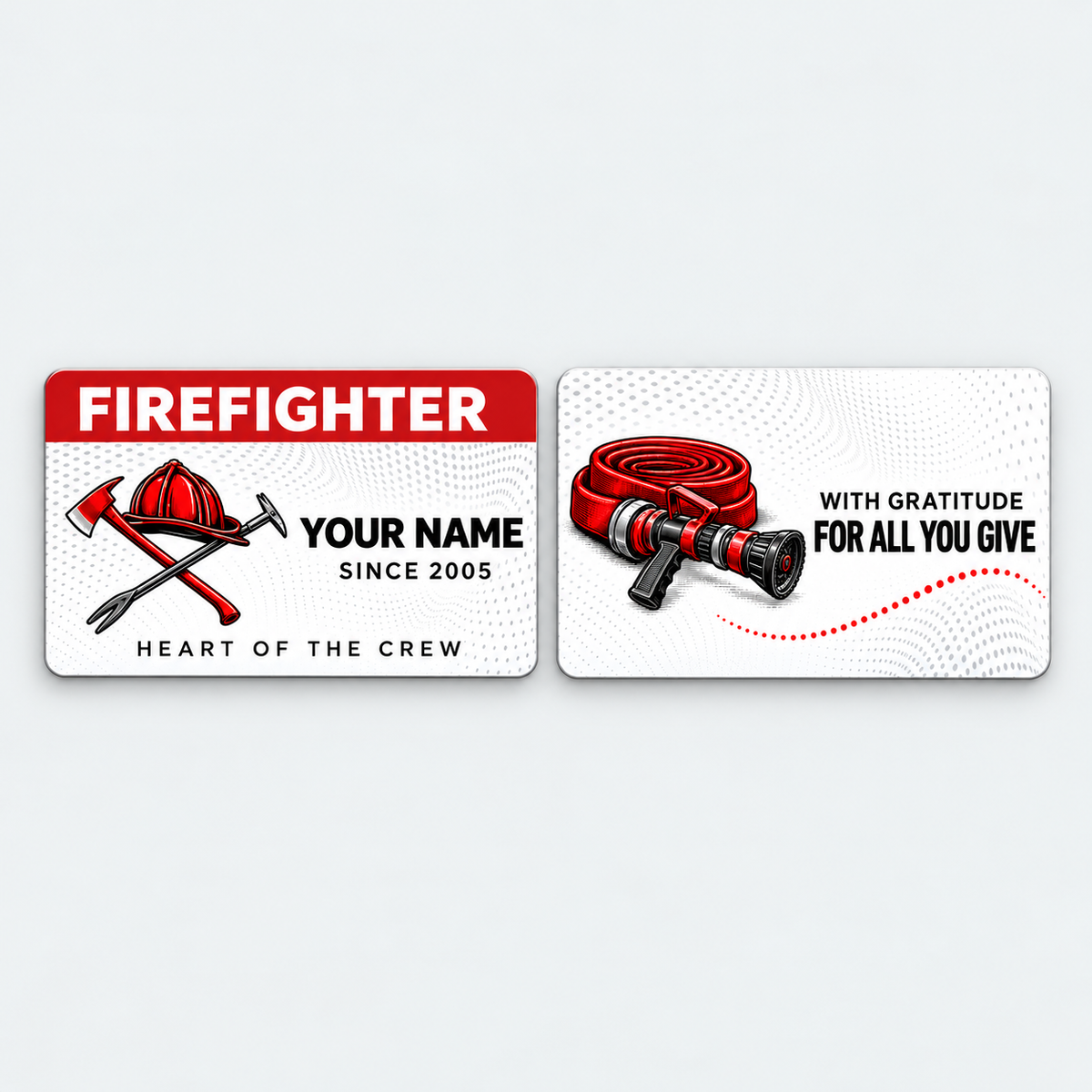 Front and reverse of a red-header firefighter wallet card with dotted waves, helmet, tools and a hose illustration.