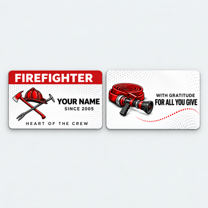 Front and reverse of a red-header firefighter wallet card with dotted waves, helmet, tools and a hose illustration.