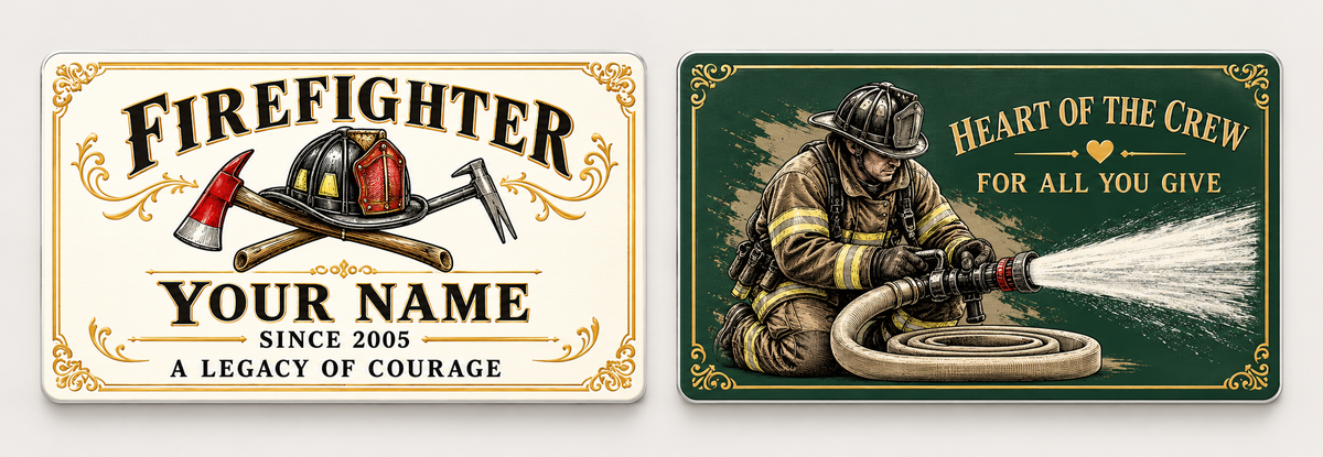 Front and reverse of a firefighter ivory heritage wallet card with trade-themed artwork and pride lettering.