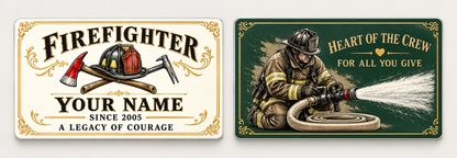 Front and reverse of a firefighter ivory heritage wallet card with trade-themed artwork and pride lettering.