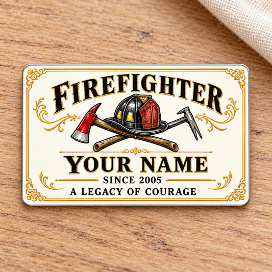 Firefighter ivory heritage aluminum wallet card front on pale oak.