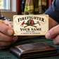 Firefighter wallet card in a fire station with an adult man and leather wallet.