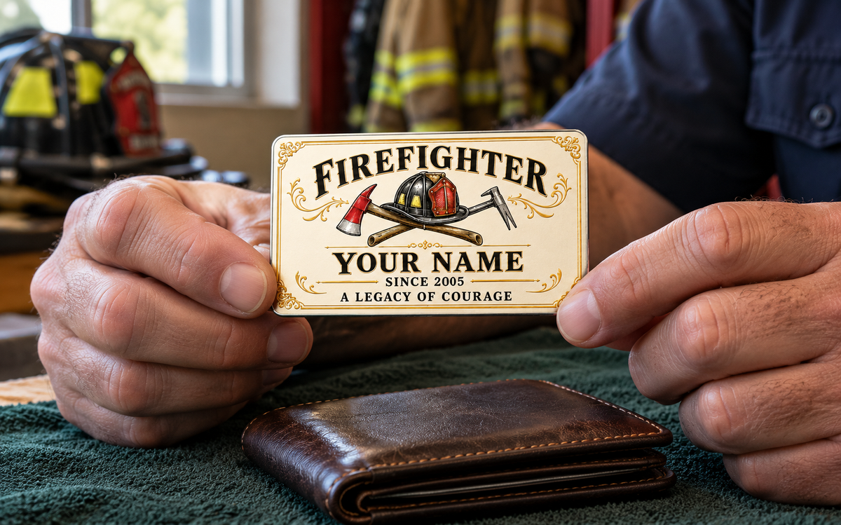 Firefighter wallet card in a fire station with an adult man and leather wallet.