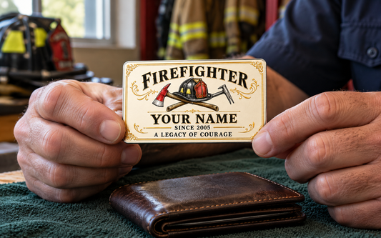 Firefighter wallet card in a fire station with an adult man and leather wallet.