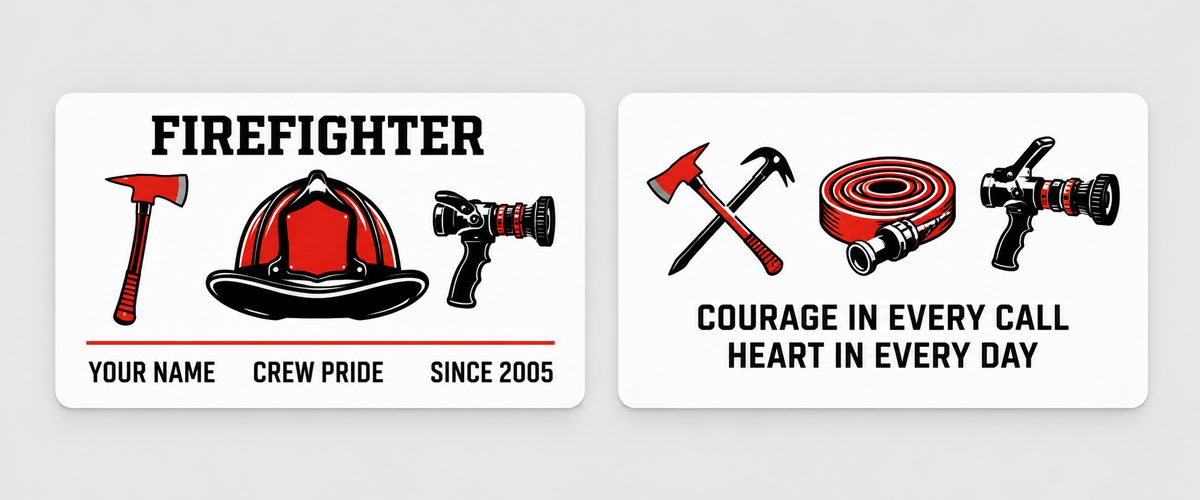 Front and reverse of a minimalist white firefighter card with three red and black fire-service tool illustrations.