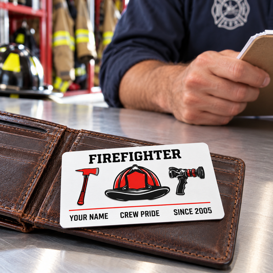 Minimalist firefighter card lies on an open leather wallet at a metal desk with an adult man holding a clipboard behind it.