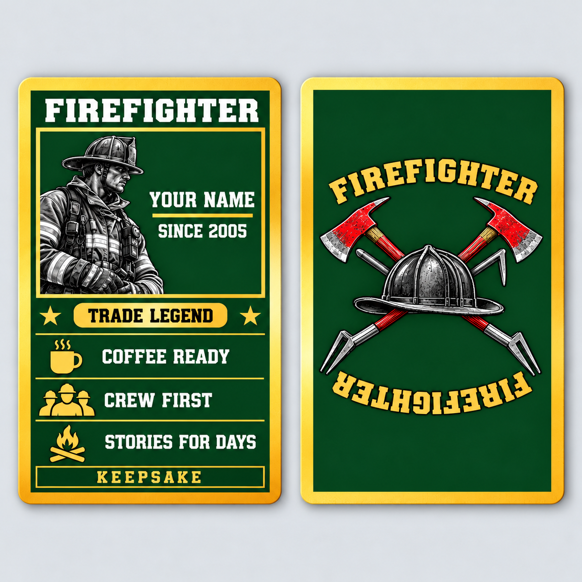 Front and reverse of a firefighter trade legend wallet card with trade-themed artwork and pride lettering.
