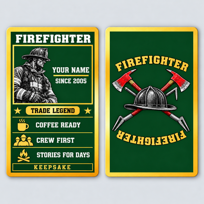 Front and reverse of a firefighter trade legend wallet card with trade-themed artwork and pride lettering.