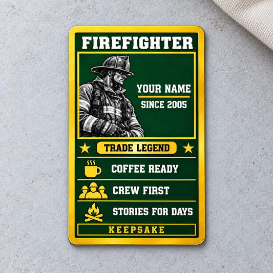 Firefighter trade legend portrait aluminum wallet card front on gray concrete.