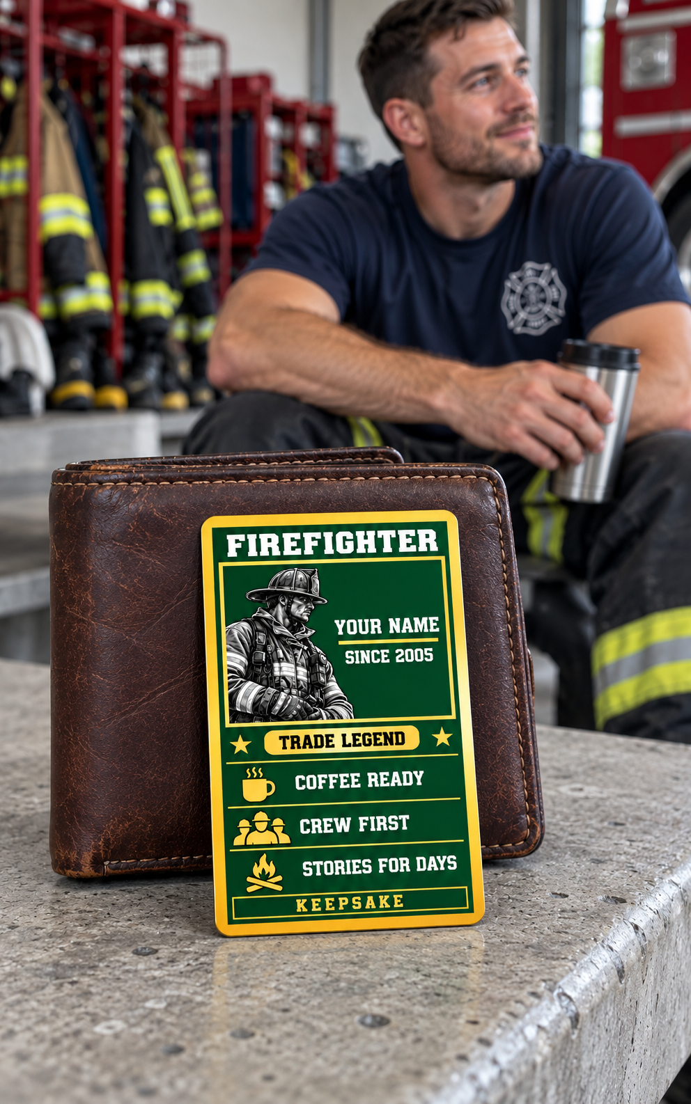 Firefighter wallet card in a fire station with an adult man and leather wallet.