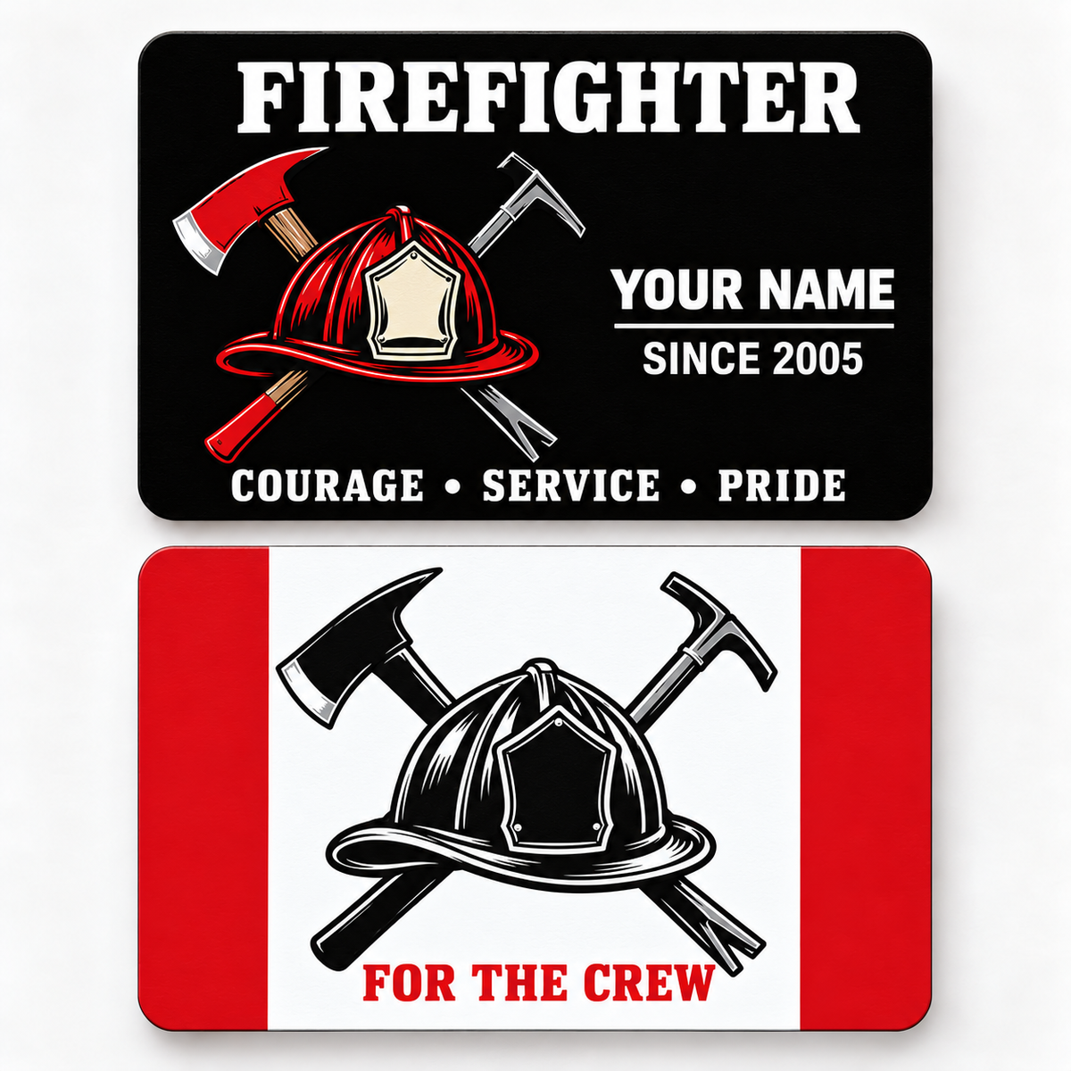 Black firefighter wallet card and graphic reverse with red helmet, crossed tools and white crew-pride lettering.