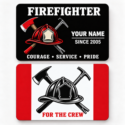 Black firefighter wallet card and graphic reverse with red helmet, crossed tools and white crew-pride lettering.