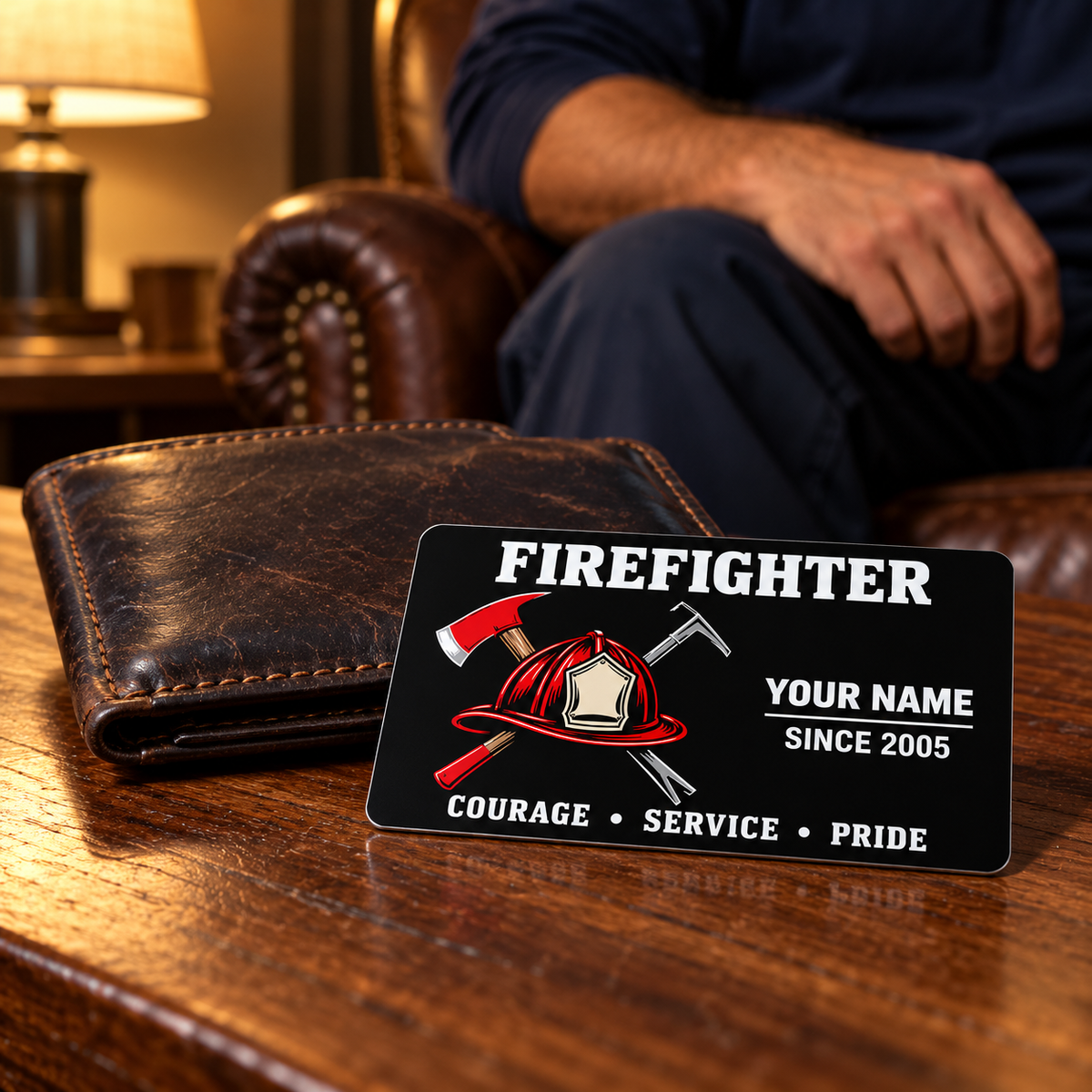 Black firefighter wallet card beside a dark leather wallet on a warm-lit table with a seated adult man behind it.