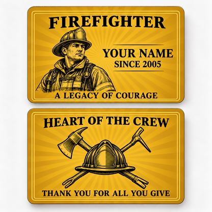 Front and reverse of a firefighter golden milestone wallet card with trade-themed artwork and pride lettering.