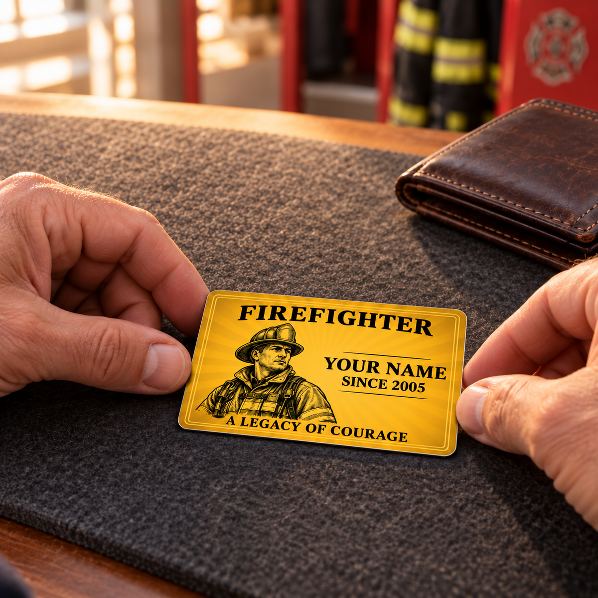 Firefighter wallet card in a fire station with an adult man and leather wallet.