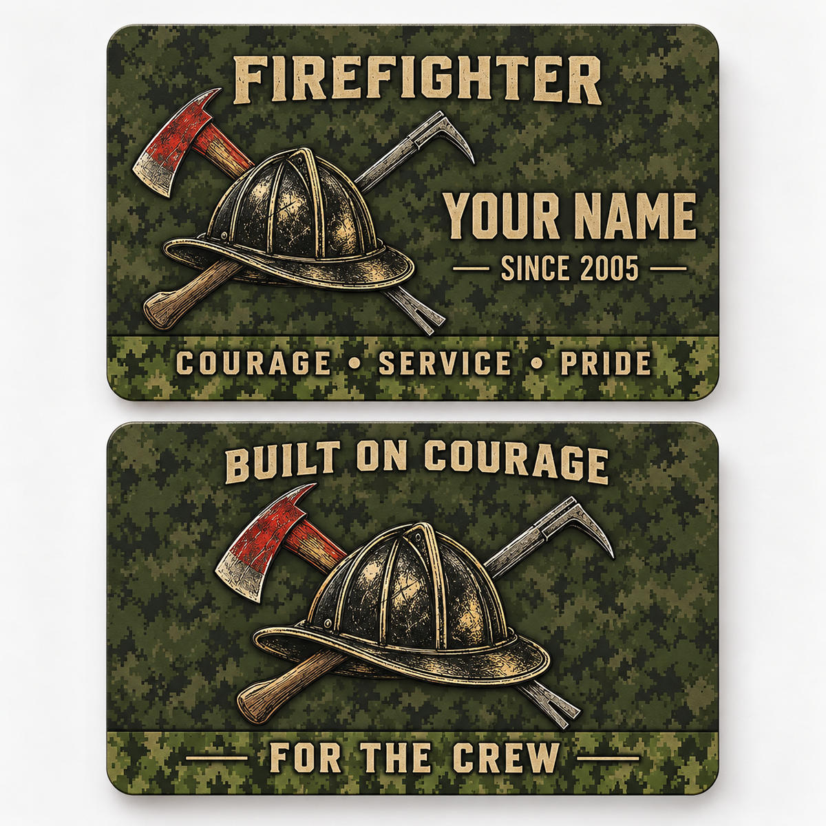 Front and reverse of an olive-pattern firefighter wallet card with helmet, crossed tools and tan lettering.