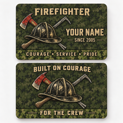 Front and reverse of an olive-pattern firefighter wallet card with helmet, crossed tools and tan lettering.