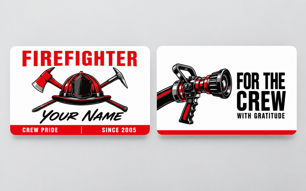 Front and reverse of a firefighter signature modern wallet card with trade-themed artwork and pride lettering.