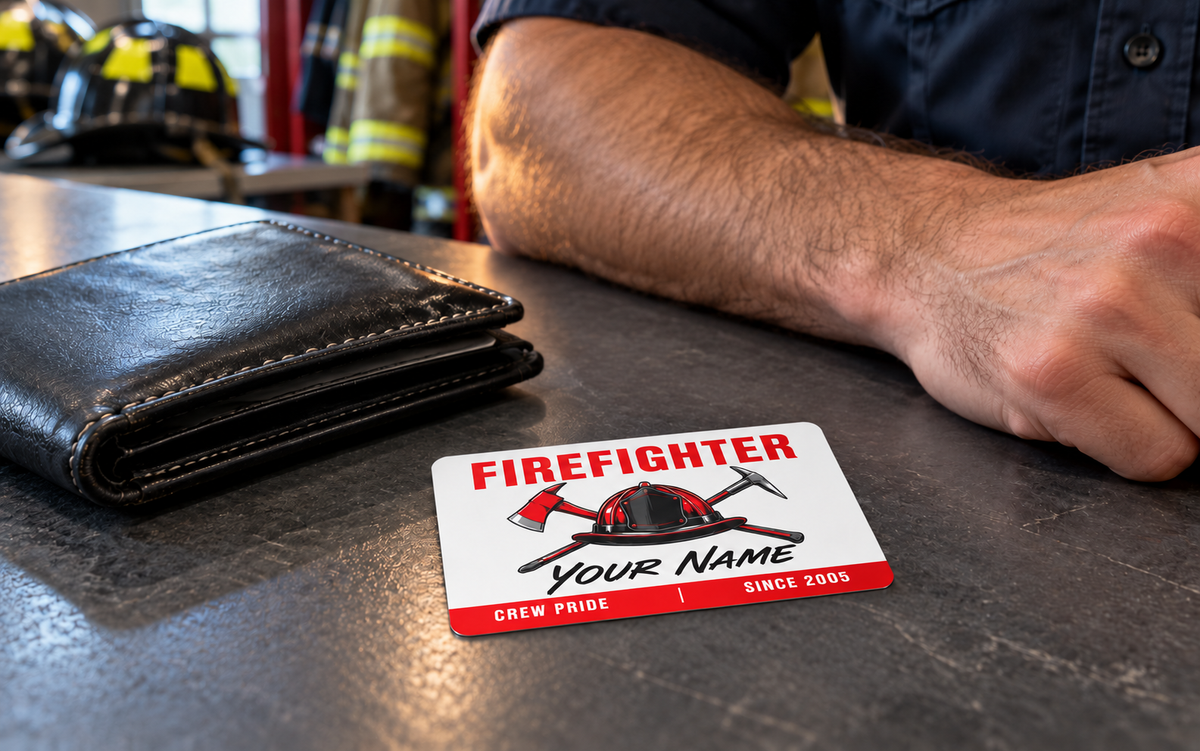 Firefighter wallet card in a fire station with an adult man and leather wallet.