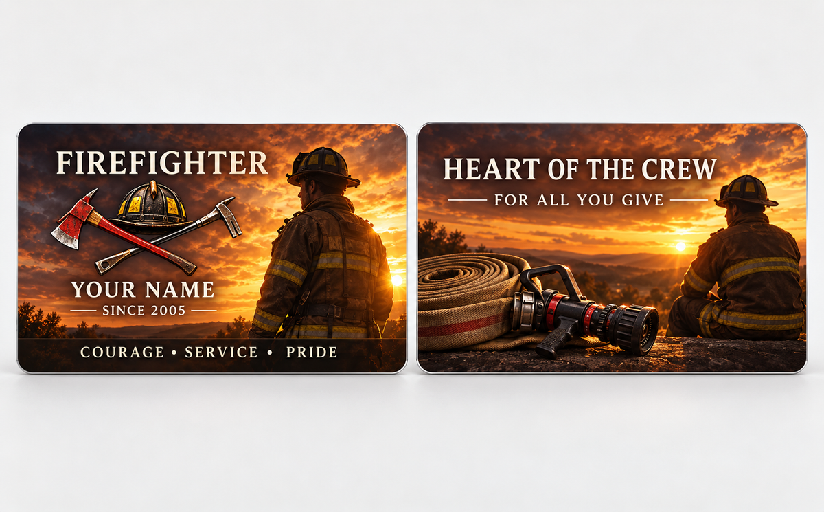 Front and reverse of a firefighter sunset workday wallet card with trade-themed artwork and pride lettering.