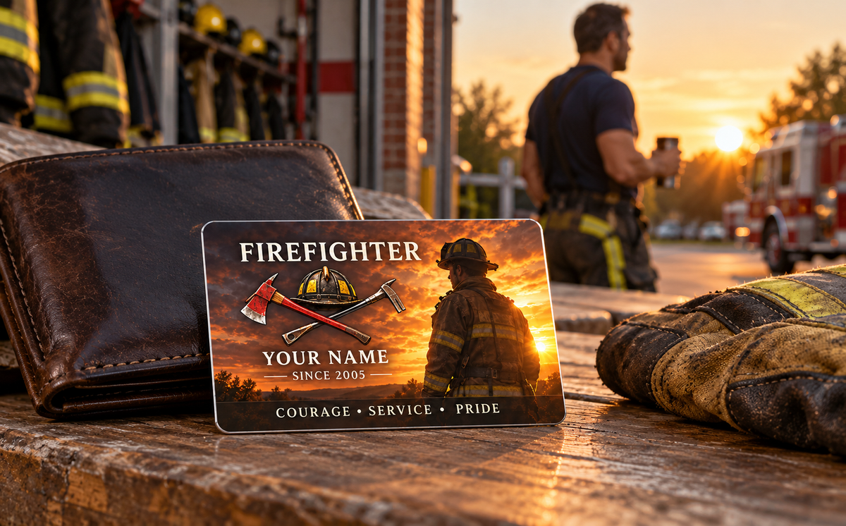 Firefighter wallet card in a fire station with an adult man and leather wallet.
