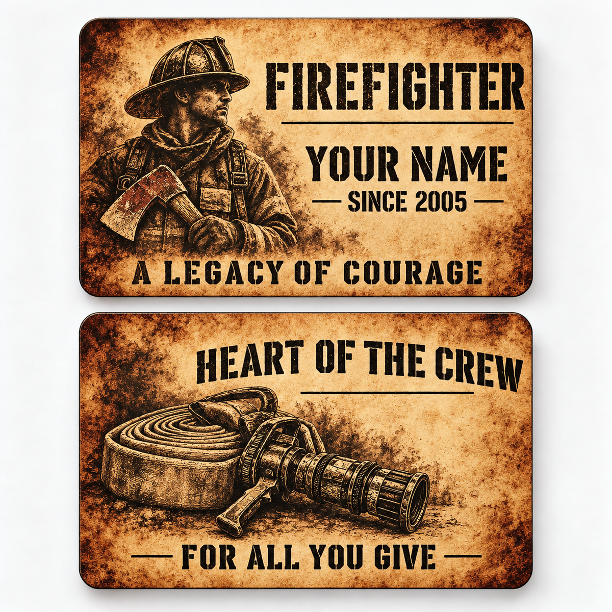 Front and reverse of a firefighter sepia legacy wallet card with trade-themed artwork and pride lettering.
