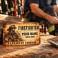 Firefighter wallet card in a fire station with an adult man and leather wallet.