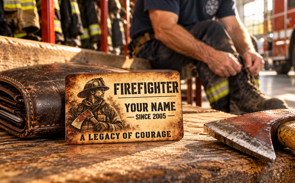 Firefighter wallet card in a fire station with an adult man and leather wallet.