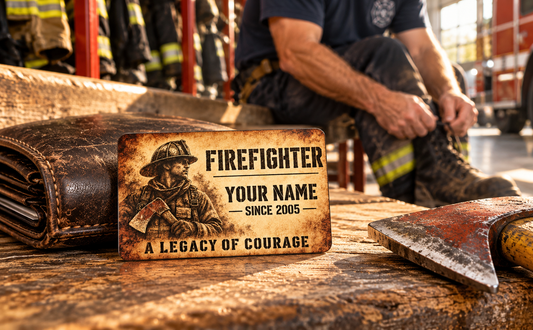 Firefighter wallet card in a fire station with an adult man and leather wallet.