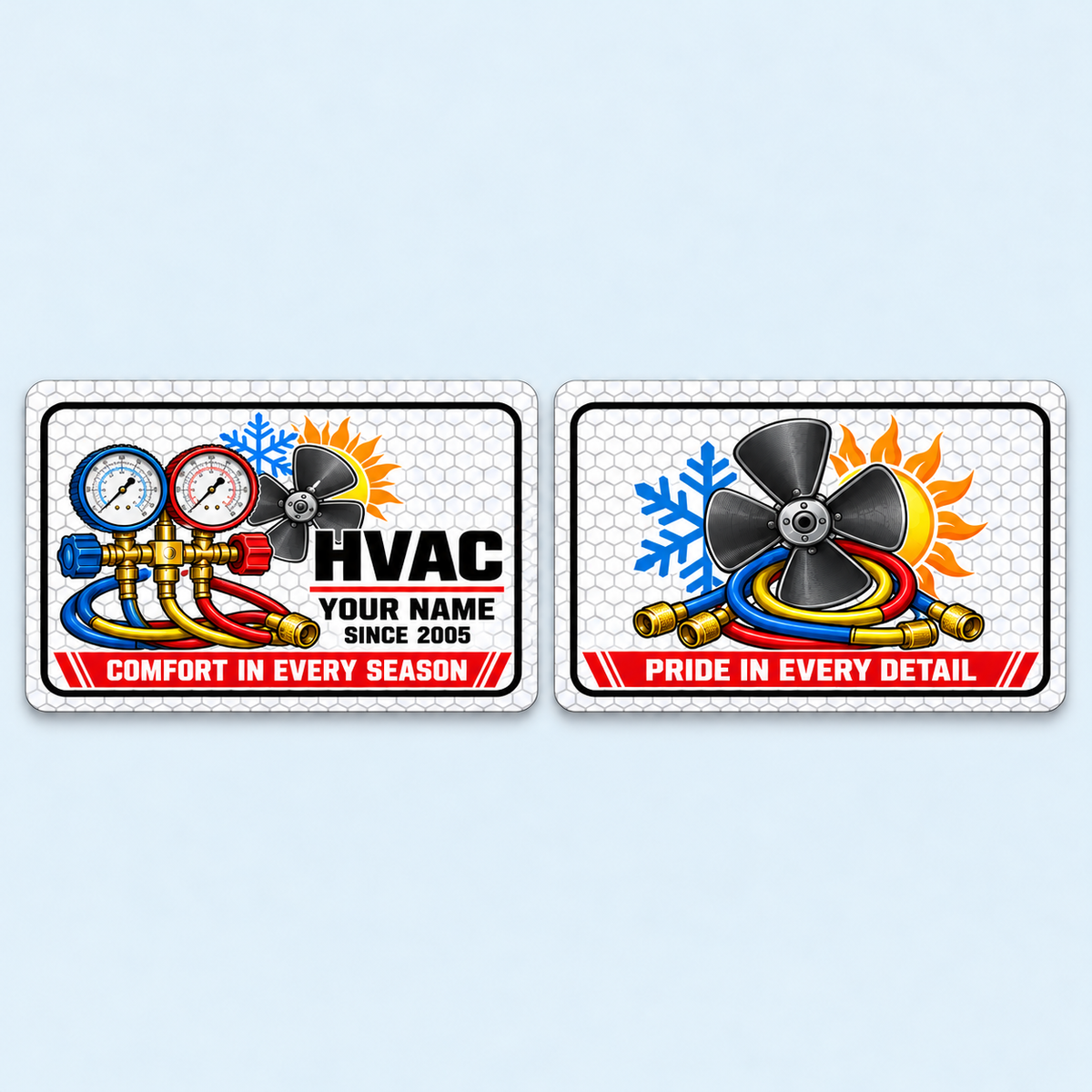 HVAC Honeycomb Pride aluminum keepsake wallet card, front and reverse views. A pale honeycomb pattern, rounded black frame and red ribbon give this HVAC keepsake a bold geometric look. Pressure gauges, a fan and seasonal symbols carry the trade theme across both printed sides.