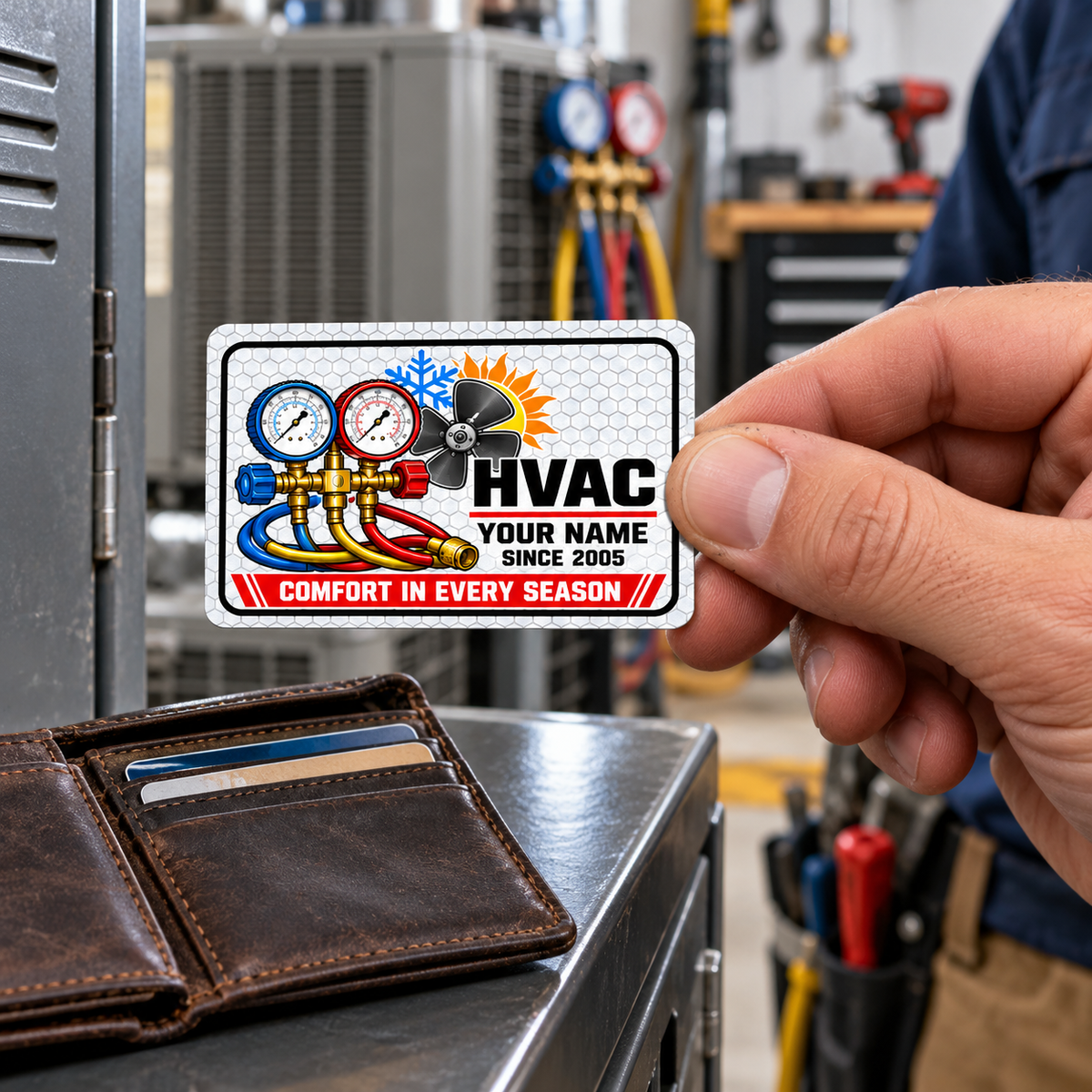 HVAC Honeycomb Pride aluminum keepsake wallet card held by its right edge above an open wallet on a workshop locker shelf.