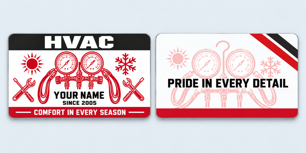 HVAC Red Monochrome aluminum keepsake wallet card, front and reverse views. A bold red, black and white HVAC keepsake with red-only manifold gauge artwork and matching tool symbols. The reverse pairs a pale red gauge watermark with a simple appreciation message.