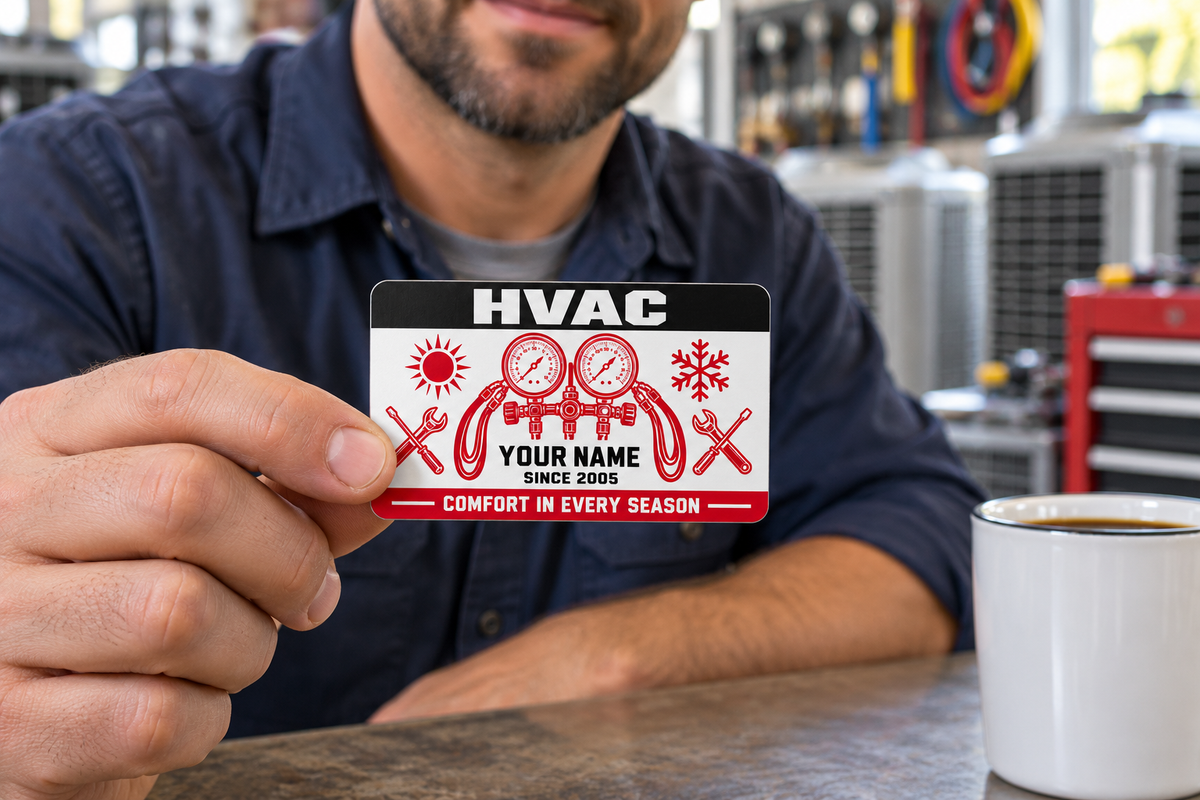 HVAC Red Monochrome aluminum wallet card held at its lower-left corner by an adult technician taking a workshop coffee break.