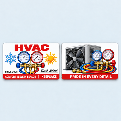 HVAC Signature Classic aluminum keepsake wallet card, front and reverse views. A clean white signature-style design combines a wide red HVAC title, colorful pressure gauges and a two-part red footer. The reverse features a condenser-and-gauge illustration with a message of trade pride.