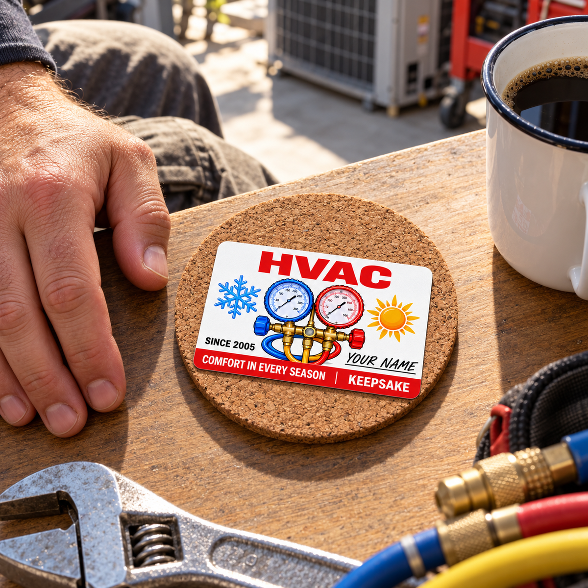 HVAC Signature Classic aluminum keepsake wallet card lying flat on a cork coaster beside an adult worker's hand and coffee mug.