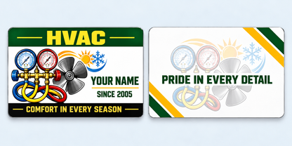 HVAC Green Band aluminum keepsake wallet card, front and reverse views. A forest-green and yellow HVAC keepsake with colorful manifold gauges, a fan and seasonal symbols on a white field. A pale equipment watermark and green-and-gold corner bands frame the reverse dedication.
