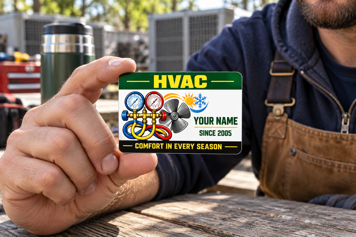 HVAC Green Band aluminum wallet card held at its left edge by an adult technician seated at an outdoor HVAC workshop bench.