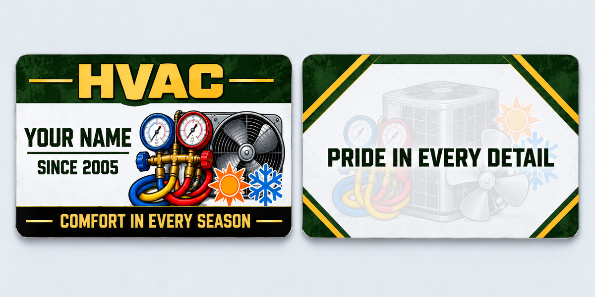 HVAC Heritage Band aluminum keepsake wallet card, front and reverse views. A dark forest-green and gold HVAC keepsake with name lettering on the left and gauges, a fan and seasonal symbols on the right. A pale equipment watermark and diagonal green-and-gold accents surround the reverse appreciation message.
