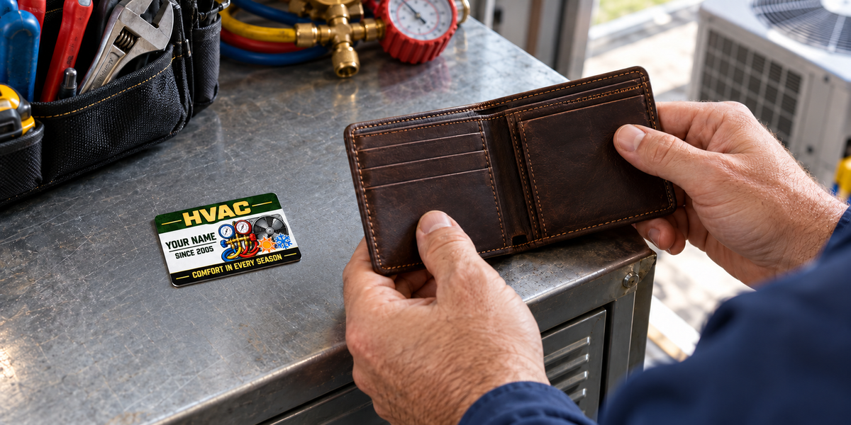 HVAC Heritage Band aluminum wallet card lying flat beside an open brown bi-fold wallet held by an adult technician at an HVAC workshop shelf.