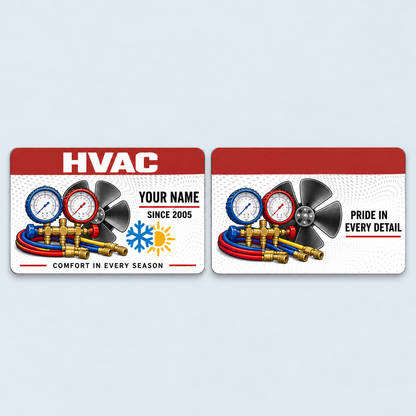 HVAC Red Header aluminum keepsake wallet card, front and reverse views. A brick-red header and pale dotted-wave pattern frame colorful HVAC tools and a seasonal motif. The white reverse continues the dotted design with a message of pride in every detail.