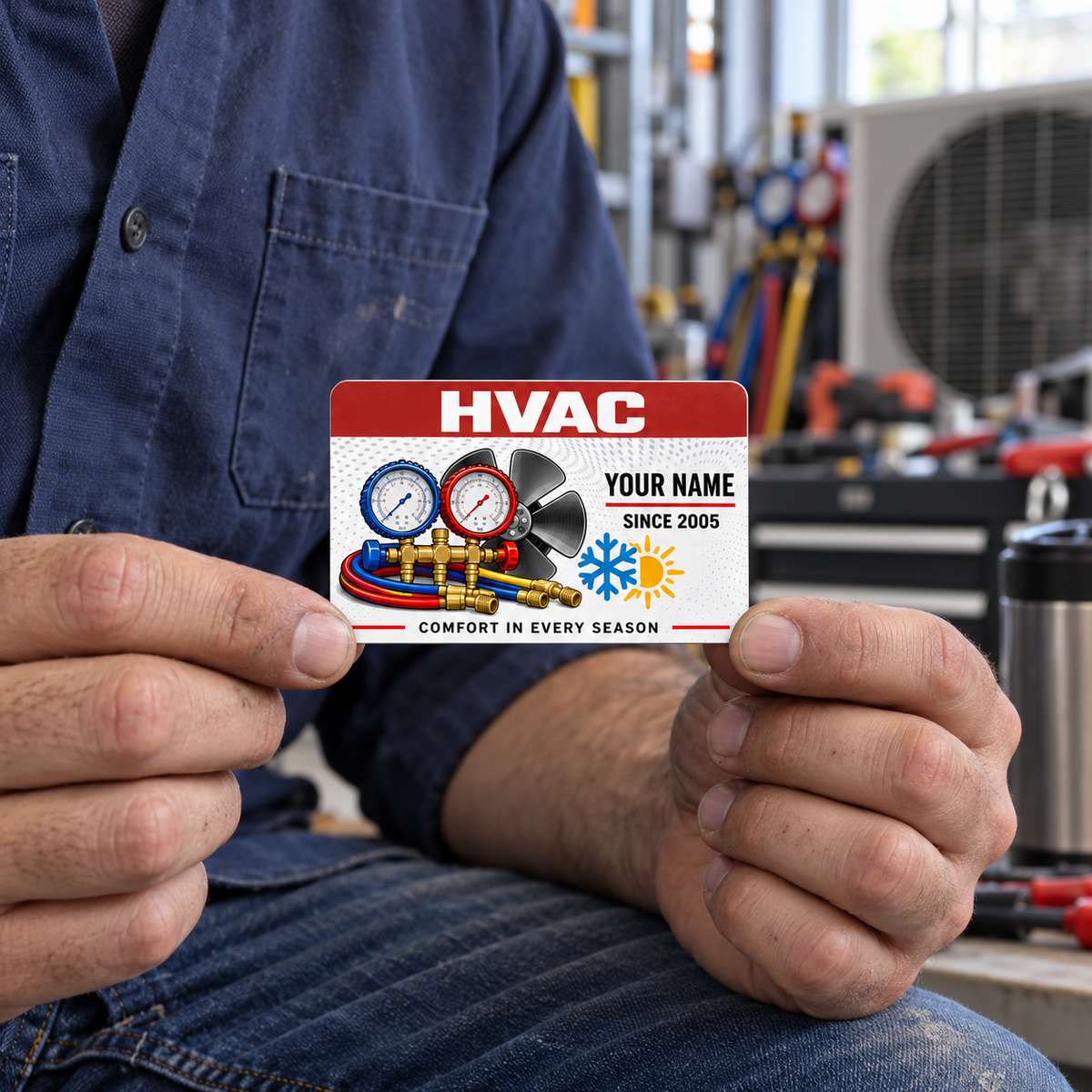 HVAC Red Header aluminum keepsake wallet card held at the lower corners by an adult worker seated in a workshop.