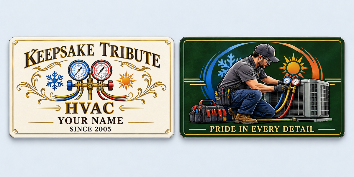HVAC Ivory Heritage aluminum keepsake wallet card, front and reverse views. An ivory HVAC keepsake with printed-gold flourishes, an ornamental tribute heading and manifold gauge artwork. The deep-green reverse shows a technician beside condenser equipment with a warm appreciation message.