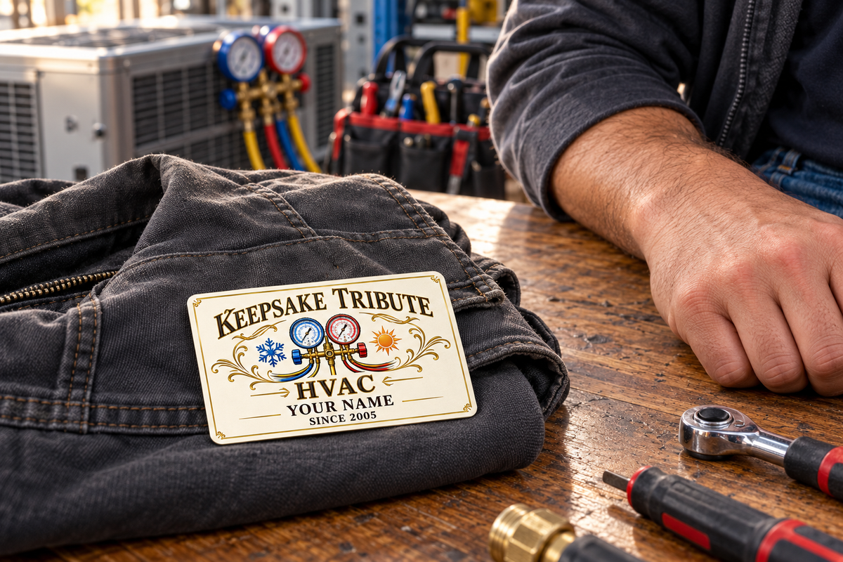 HVAC Ivory Heritage aluminum wallet card resting on a folded work jacket beside an adult technician's hand on a workshop bench.