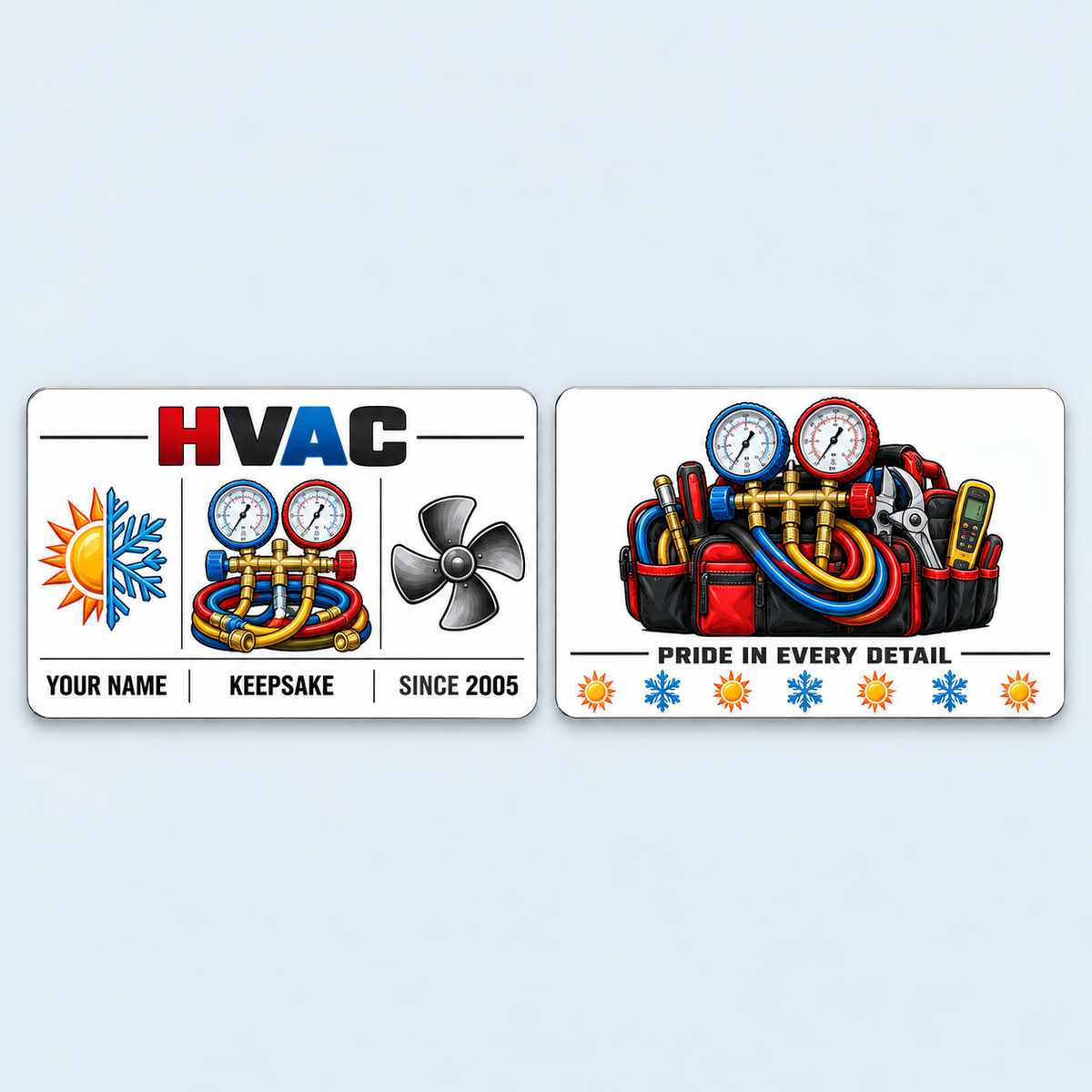 HVAC Minimal Tool Grid aluminum keepsake wallet card, front and reverse views. A clean white three-column design highlights a seasonal symbol, pressure gauges and a fan. Fine rules and a matching tool-bag reverse give this HVAC keepsake a simple, graphic finish.