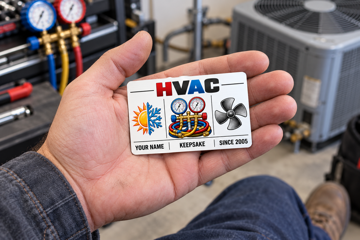 HVAC Minimal Tool Grid aluminum keepsake wallet card lying front-up in an adult worker's open palm in a workshop.