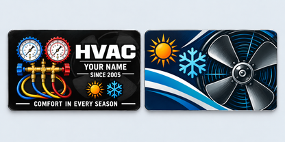 HVAC Midnight Pride aluminum keepsake wallet card, front and reverse views. A black HVAC keepsake design with white lettering, colorful manifold gauges and seasonal symbols. The reverse pairs a large fan illustration with navy, teal and white graphics.