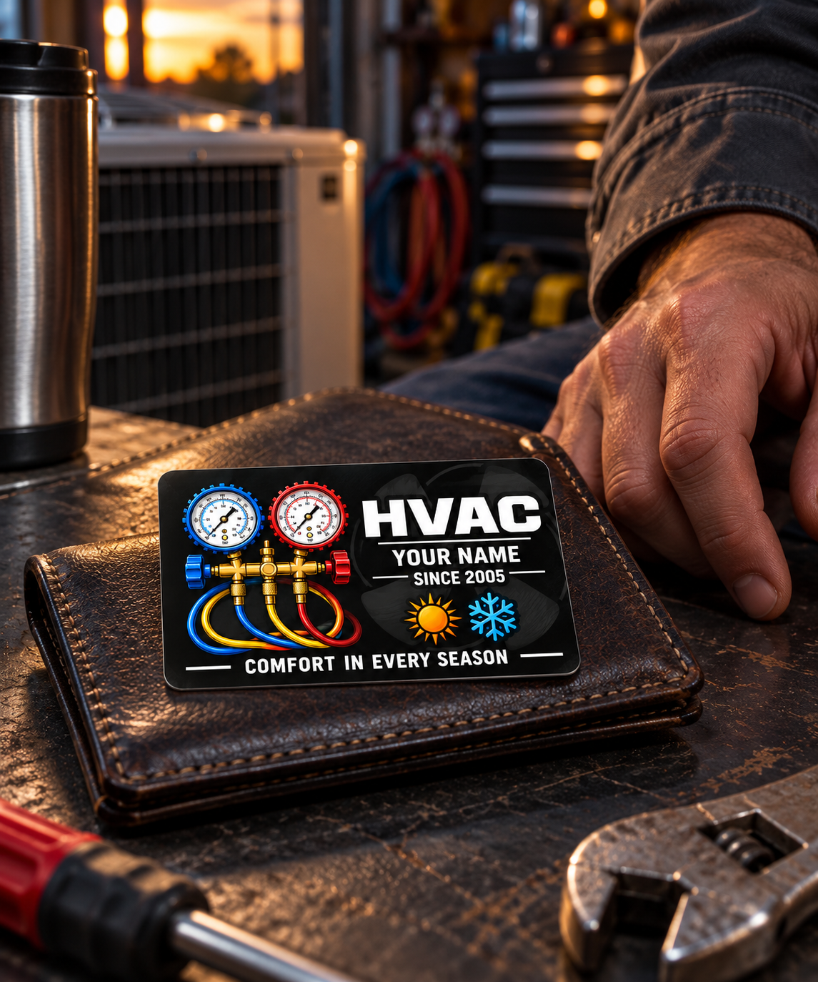 HVAC Midnight Pride aluminum wallet card resting on a closed brown leather wallet beside an adult worker's hand in a warmly lit HVAC workshop.